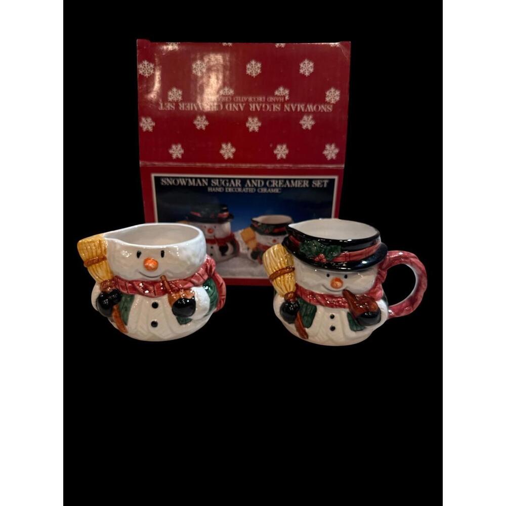 RS Snowman Creamer Sugar Set Ceramic Holiday Christmas Hand Painted Vintage